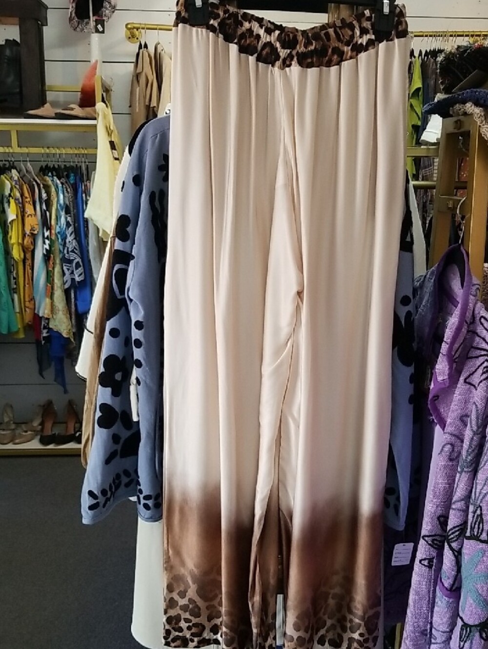 Women's Cream to Brown Ombre Wide-Leg Pants with Leopard Trim - Picture 5 of 6